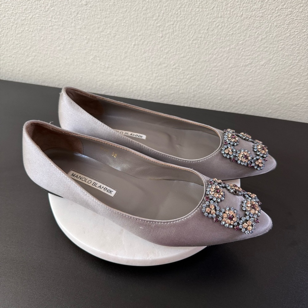 Manolo Blahnik HANGISIFLAT Blue Grey Satin Jewel Buckle Flat Pumps Size 38